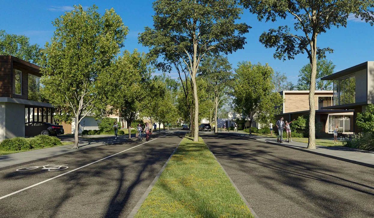 Vias arborizadas com prioridade para o pedestre.