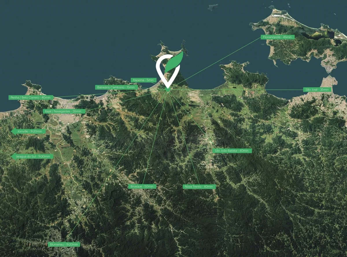 Mapa aéreo da Costa Esmeralda mostrando o Vivapark Porto Belo e os tempos de deslocamento até Itapema, Balneário Camboriú, Florianópolis, Itajaí/Navegantes, Brusque, Blumenau e Joinville